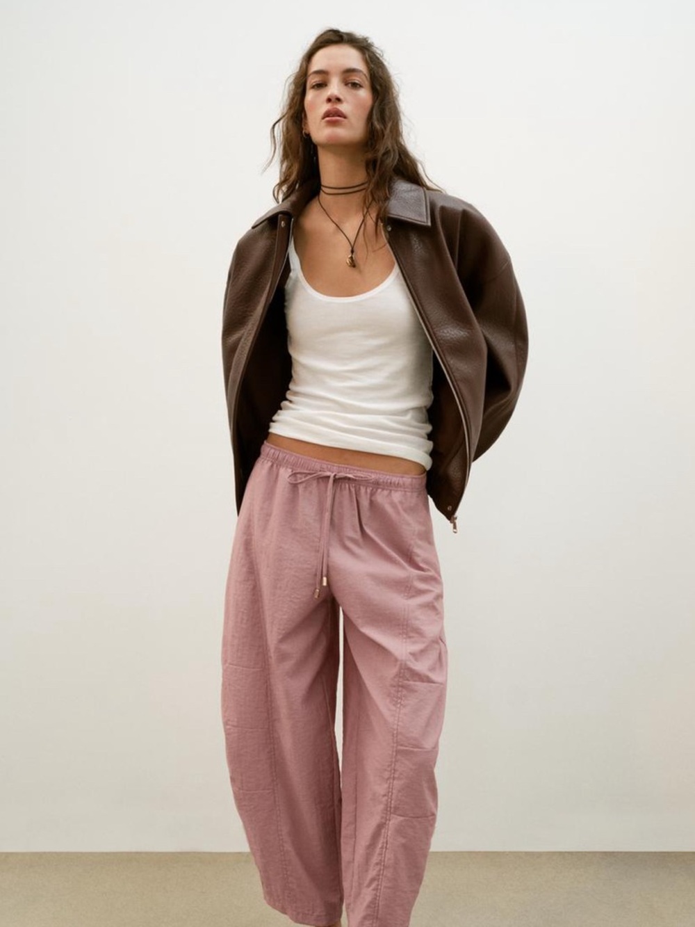 Zara Rose-Pink Wide-Leg Drawstring Track Pants